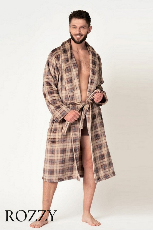 Халат мужской флисовый Key MGL 402 бежевый/серый