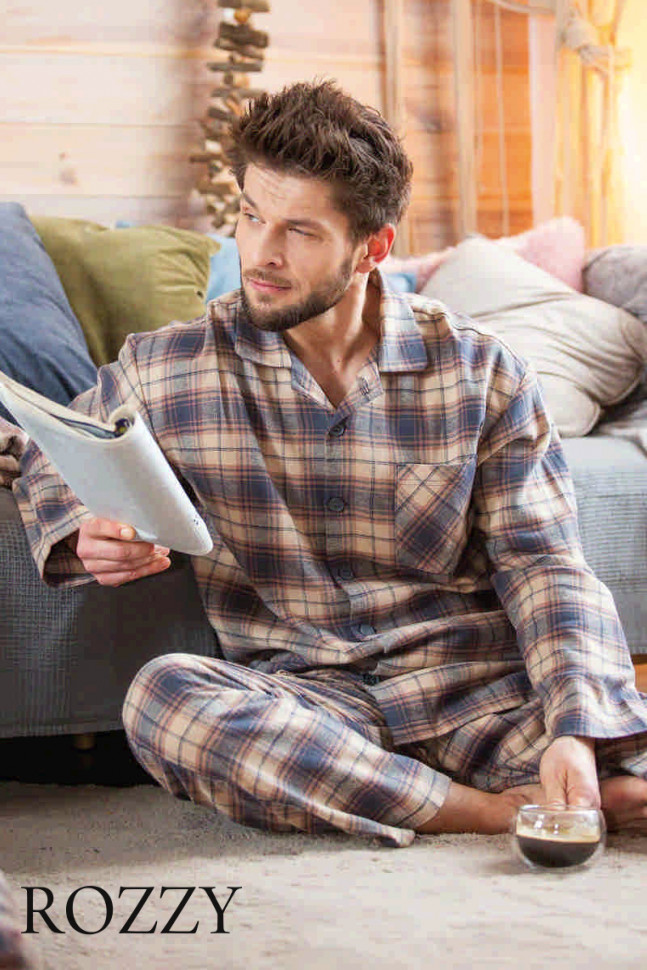 Пижама мужская фланелевая Key MNS 402 бежевый/серый